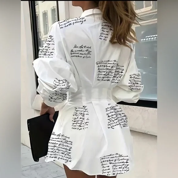 Plus Size Casual Dress Button Up Lantern Sleeve Dress - Picture 3 of 10